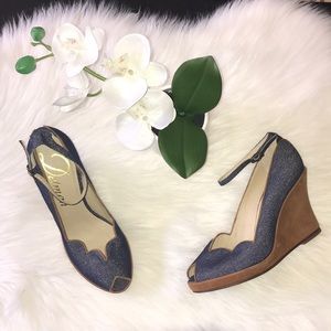 Delman denim & leather peeptoe wedges